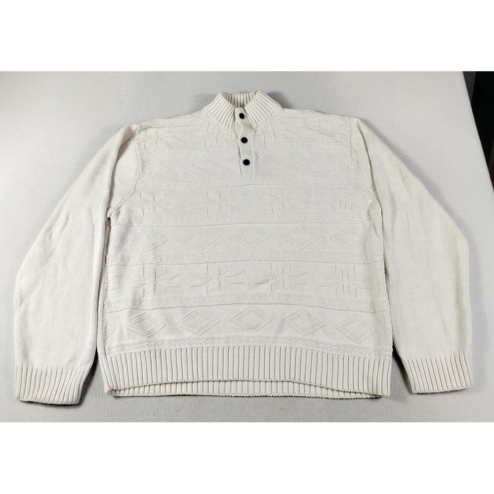 Chaps Sweater Mens 2XL White Henley Mock Neck‎ Cotton Knit Cozy Winter Cabincore